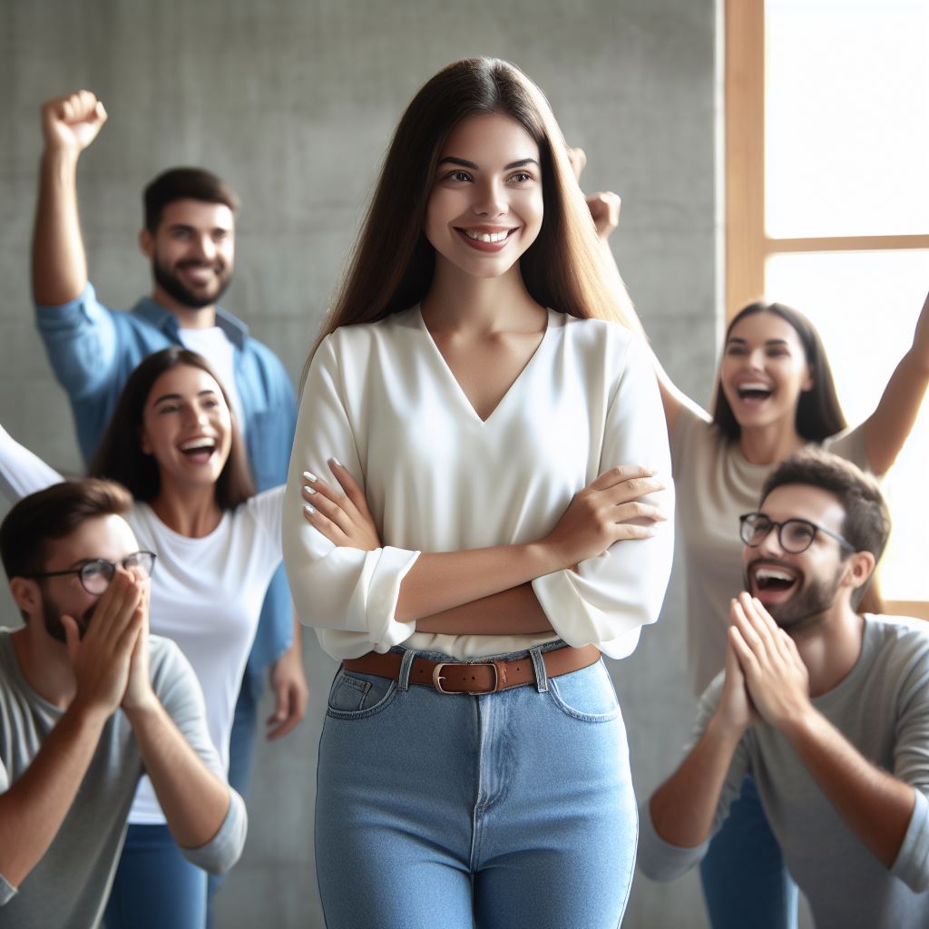 a person standing tall with a bright smile, surrounded by supportive friends cheering them on. Reflect confidence and self-assurance through body language and facial expressions.