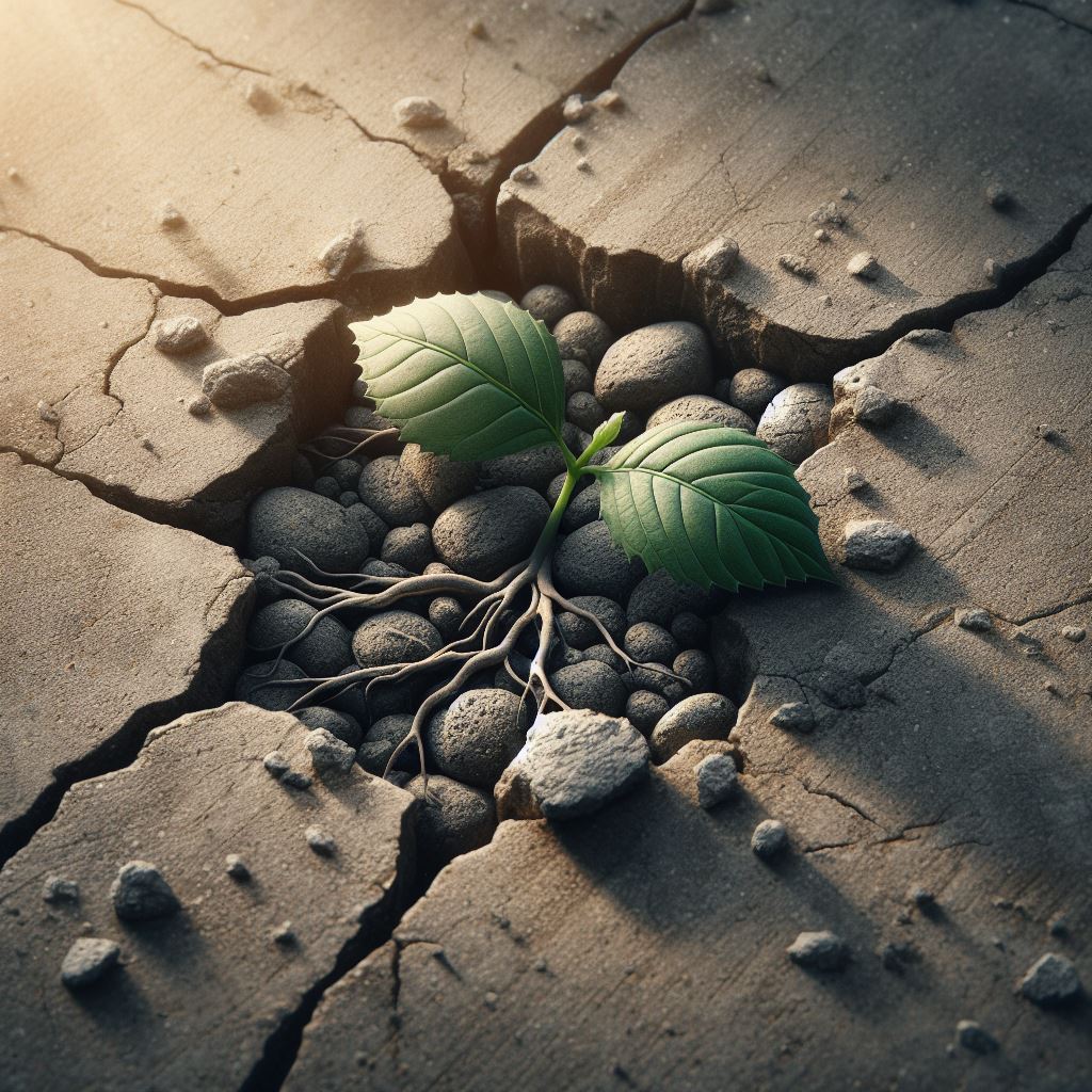 a seedling finding a way to breaking through and growing