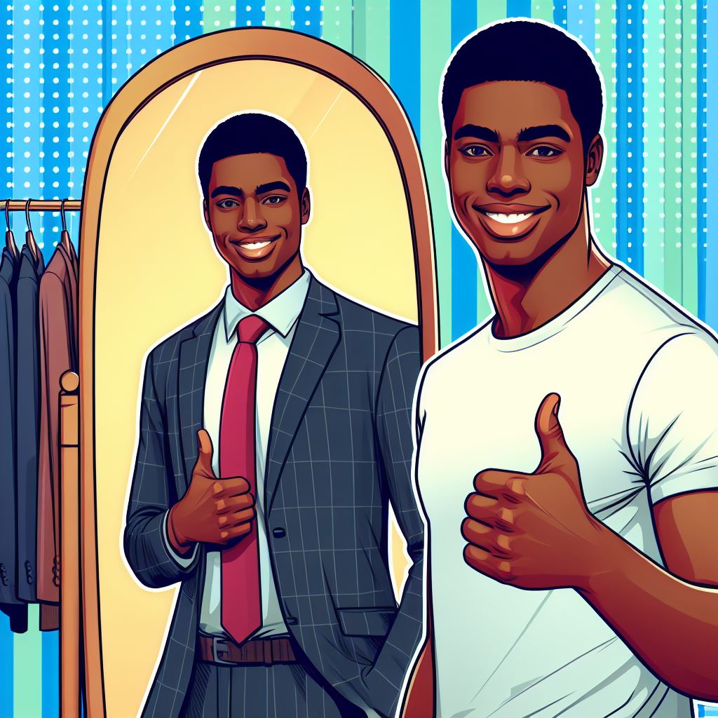young man seeing a positive image of himself in mirror reflection