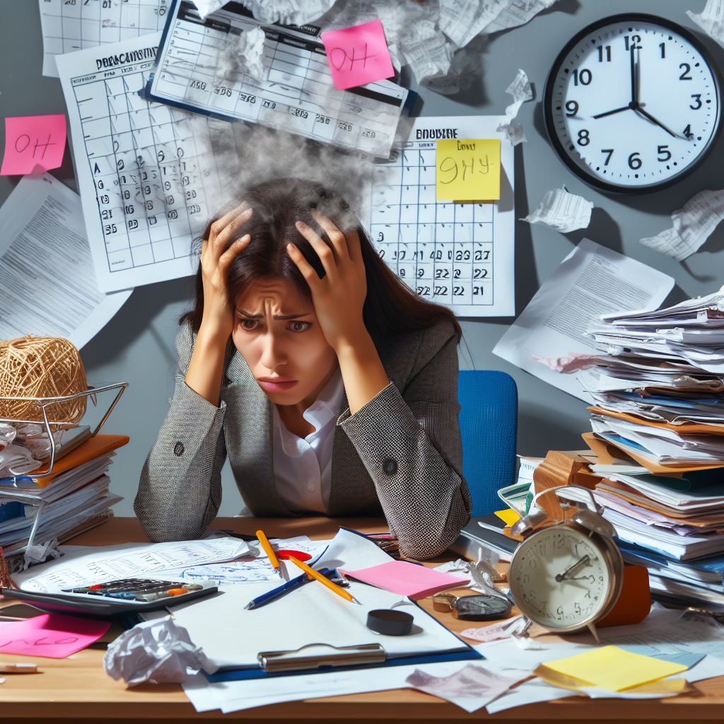 frustrated woman at cluttered desk